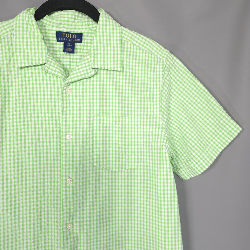 POLO RALPH LAUREN Boys Shirt XL 18-20 Seersucker Green Plaid Check Short Sleeve